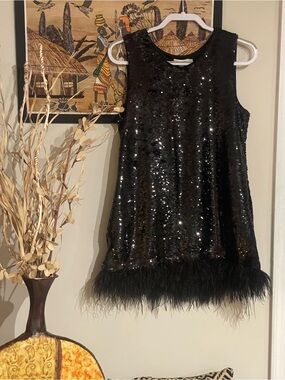 Chico's Black Sequin Top with Feather Trim